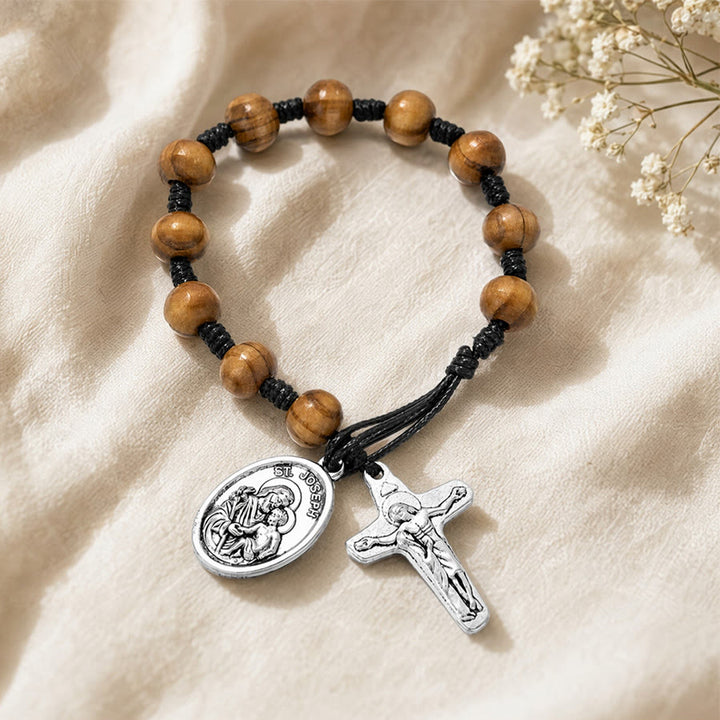 Christianartworkshop Handgeknüpfter Rosenkranz aus Holzperlen mit St.-Josephs-Medaille und Kruzifix: Symbol des himmlischen Schutzes der Familie - image 2