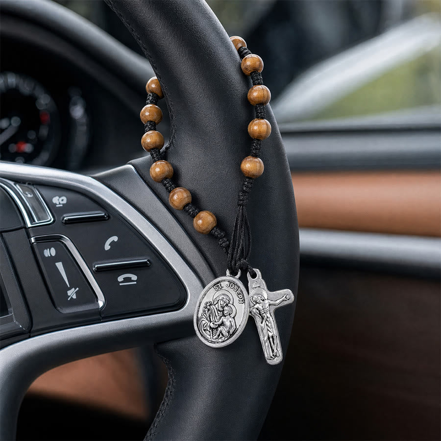 Christianartworkshop Handgeknüpfter Rosenkranz aus Holzperlen mit St.-Josephs-Medaille und Kruzifix: Symbol des himmlischen Schutzes der Familie - St. Joseph - image 0