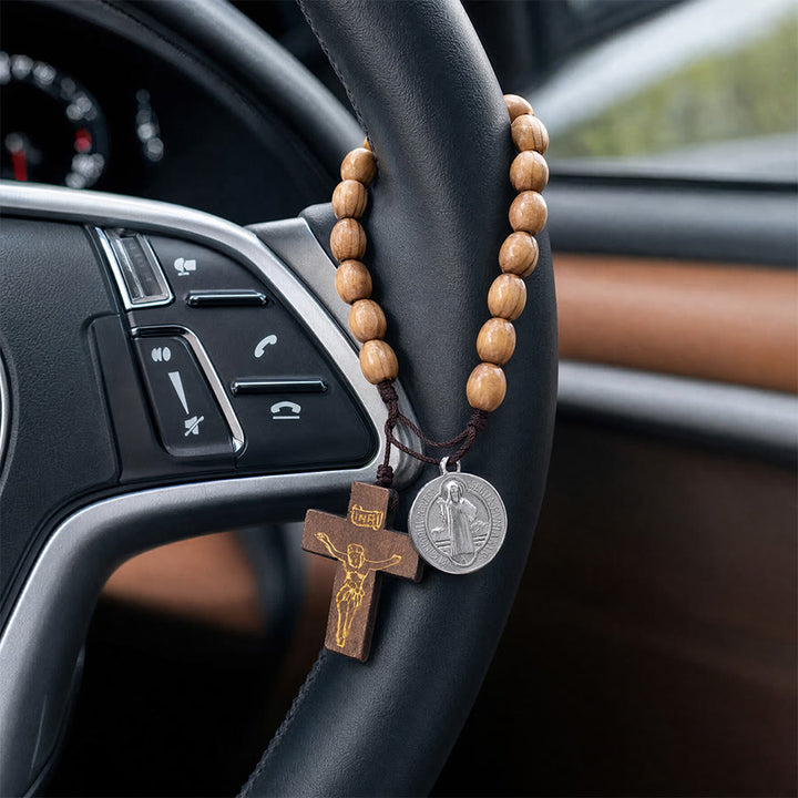 Christianartworkshop Handgeknüpfter Rosenkranz aus Holzperlen mit St.-Josephs-Medaille und Kruzifix: Symbol des himmlischen Schutzes der Familie - Der heilige Benedikt - image 9