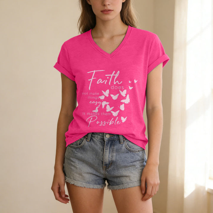 Christianartworkshop Glaube macht die Dinge nicht einfach – Lässiges T-Shirt mit Schmetterlingsbuchstaben-Print und V-Ausschnitt - image 23