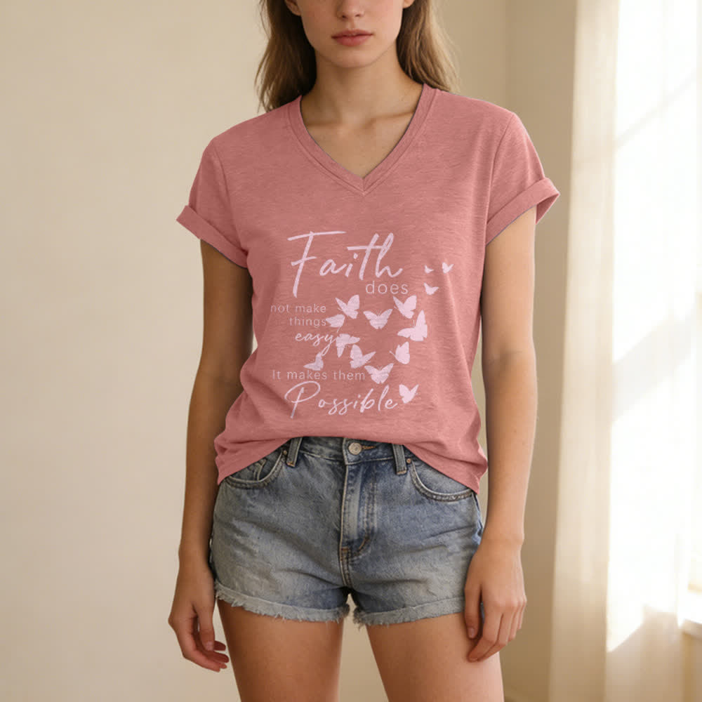 Christianartworkshop Glaube macht die Dinge nicht einfach – Lässiges T-Shirt mit Schmetterlingsbuchstaben-Print und V-Ausschnitt - image 19