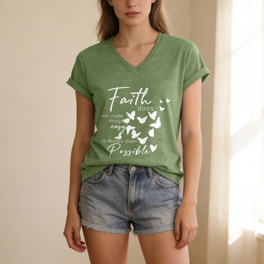 Christianartworkshop Glaube macht die Dinge nicht einfach – Lässiges T-Shirt mit Schmetterlingsbuchstaben-Print und V-Ausschnitt - image 7