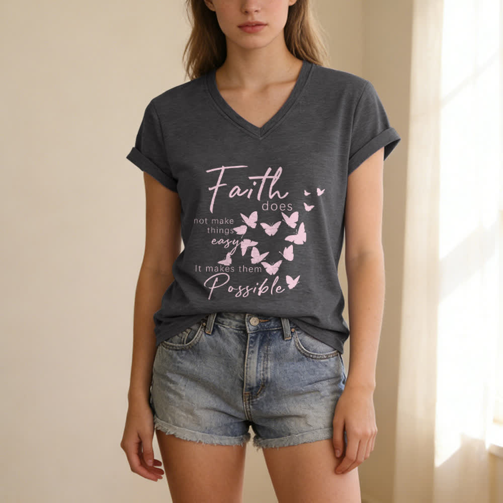 Christianartworkshop Glaube macht die Dinge nicht einfach – Lässiges T-Shirt mit Schmetterlingsbuchstaben-Print und V-Ausschnitt - image 5