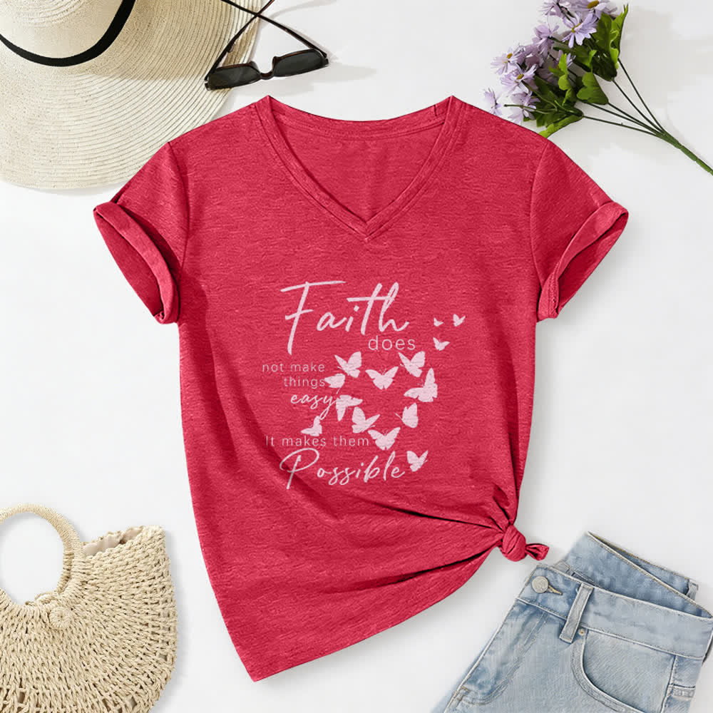 Christianartworkshop Glaube macht die Dinge nicht einfach – Lässiges T-Shirt mit Schmetterlingsbuchstaben-Print und V-Ausschnitt - Rot - 2XL - image 14