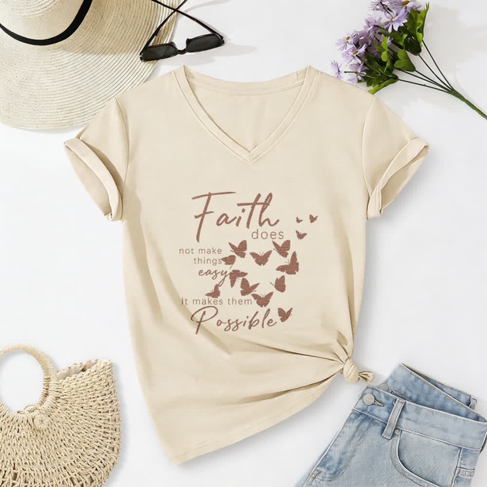 Christianartworkshop Glaube macht die Dinge nicht einfach – Lässiges T-Shirt mit Schmetterlingsbuchstaben-Print und V-Ausschnitt - Beige - 2XL - image 0