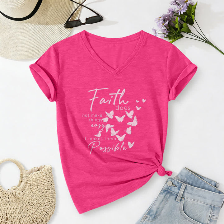 Christianartworkshop Glaube macht die Dinge nicht einfach – Lässiges T-Shirt mit Schmetterlingsbuchstaben-Print und V-Ausschnitt - Rose - 2XL - image 22