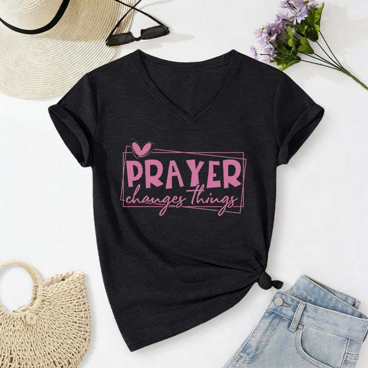 Christianartworkshop Lässiges T-Shirt mit V-Ausschnitt und Herzmotiv „Gebet verändert Dinge“ - Schwarz - 2XL - image 12