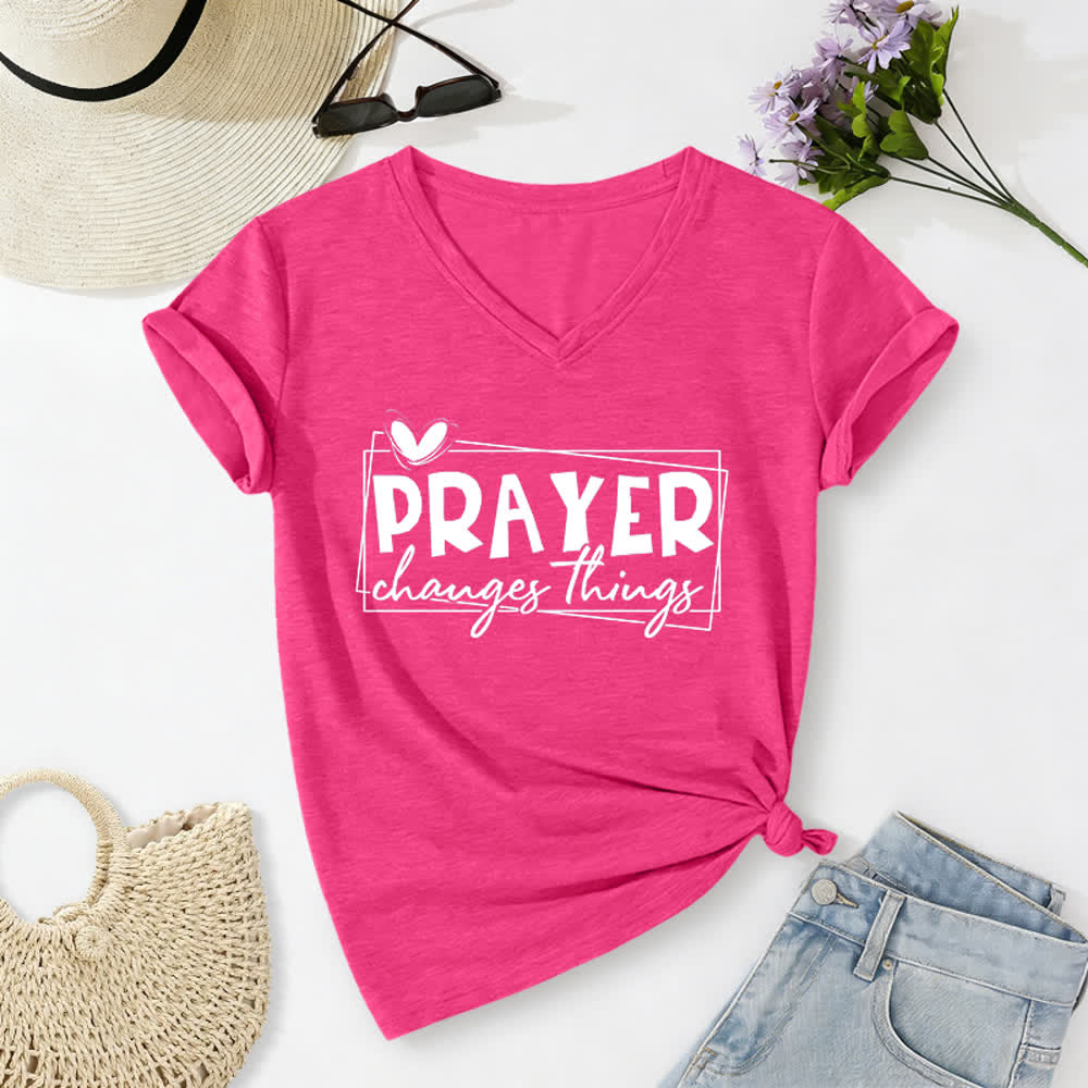 Christianartworkshop Lässiges T-Shirt mit V-Ausschnitt und Herzmotiv „Gebet verändert Dinge“ - Rose - 2XL - image 22