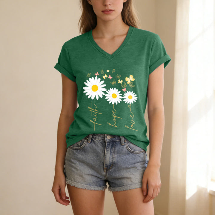 Christianartworkshop Lässiges T-Shirt mit V-Ausschnitt und Blumenmuster: Glaube, Hoffnung, Liebe, Gänseblümchen, Schmetterling - image 13