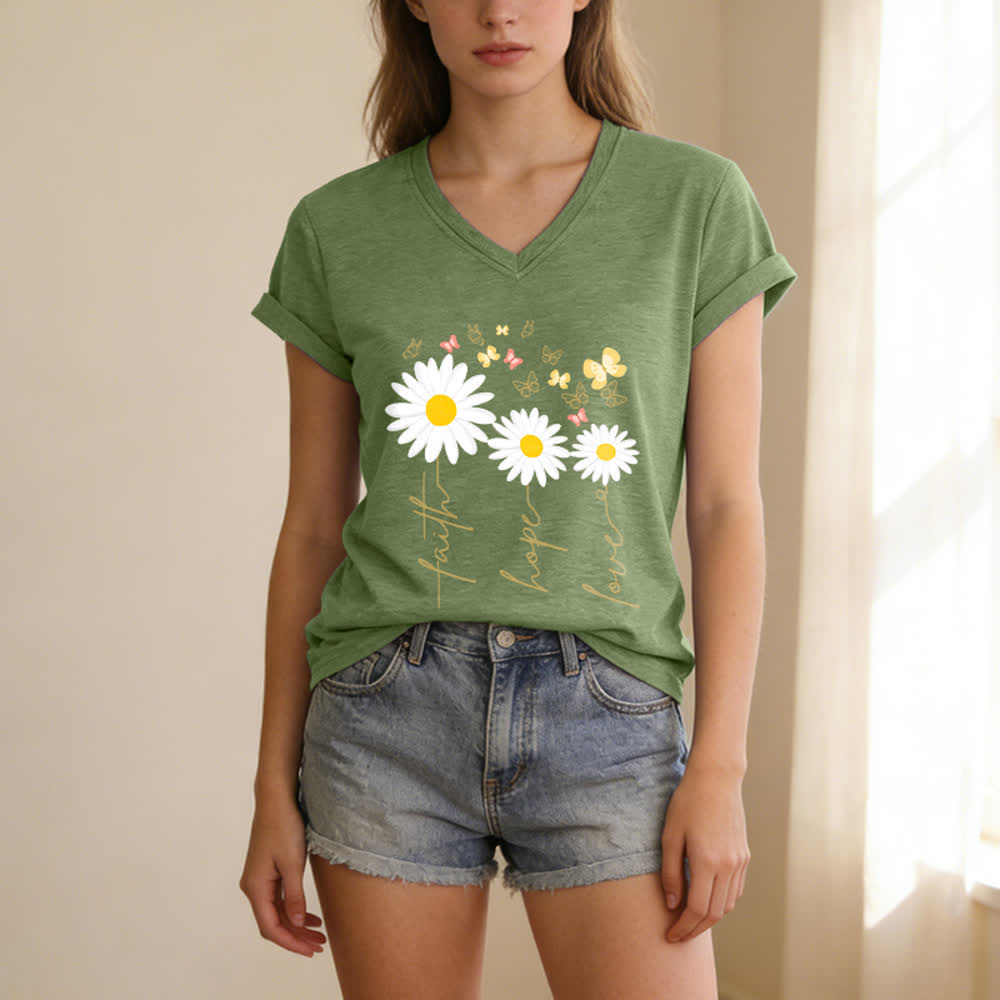 Christianartworkshop Lässiges T-Shirt mit V-Ausschnitt und Blumenmuster: Glaube, Hoffnung, Liebe, Gänseblümchen, Schmetterling - image 9