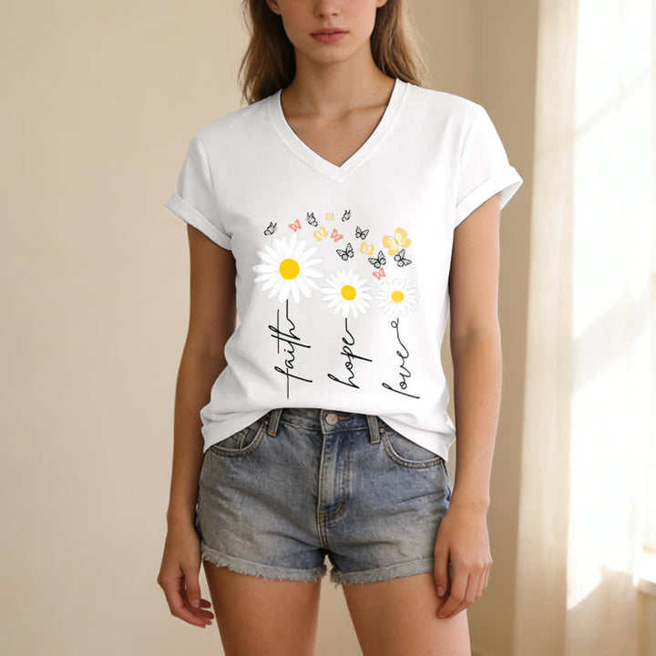 Christianartworkshop Lässiges T-Shirt mit V-Ausschnitt und Blumenmuster: Glaube, Hoffnung, Liebe, Gänseblümchen, Schmetterling - image 5