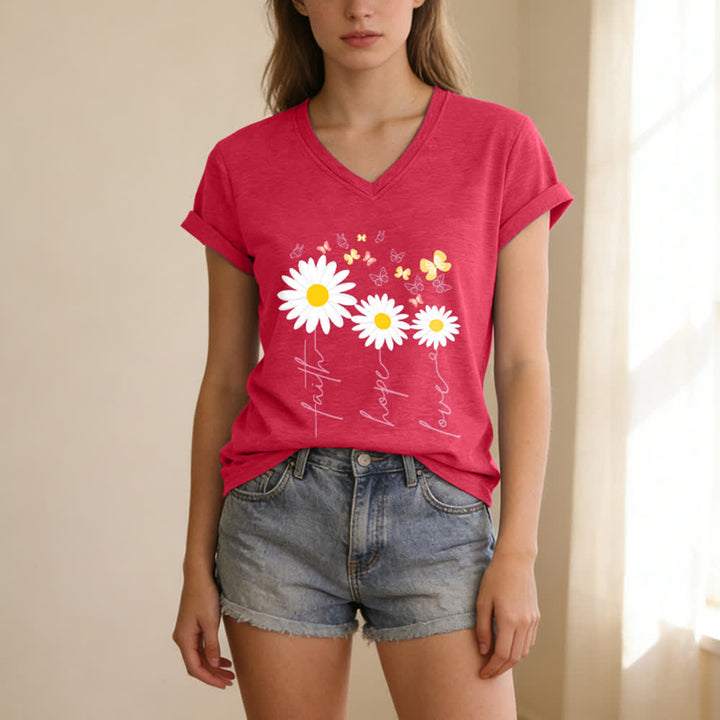 Christianartworkshop Lässiges T-Shirt mit V-Ausschnitt und Blumenmuster: Glaube, Hoffnung, Liebe, Gänseblümchen, Schmetterling - image 17