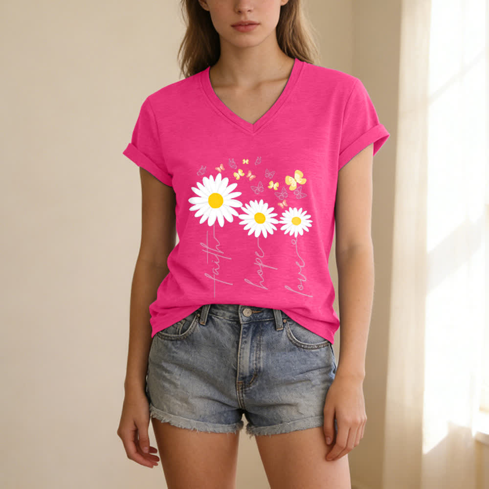 Christianartworkshop Lässiges T-Shirt mit V-Ausschnitt und Blumenmuster: Glaube, Hoffnung, Liebe, Gänseblümchen, Schmetterling - image 23