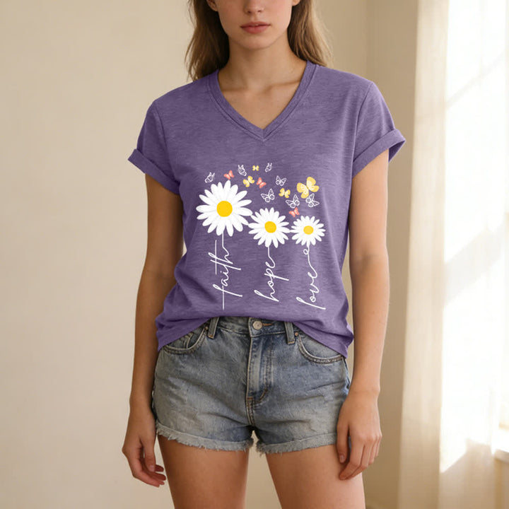 Christianartworkshop Lässiges T-Shirt mit V-Ausschnitt und Blumenmuster: Glaube, Hoffnung, Liebe, Gänseblümchen, Schmetterling - image 1