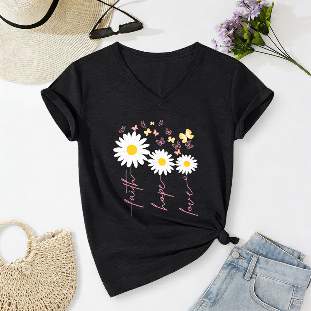 Christianartworkshop Lässiges T-Shirt mit V-Ausschnitt und Blumenmuster: Glaube, Hoffnung, Liebe, Gänseblümchen, Schmetterling - Schwarz - 2XL - image 14
