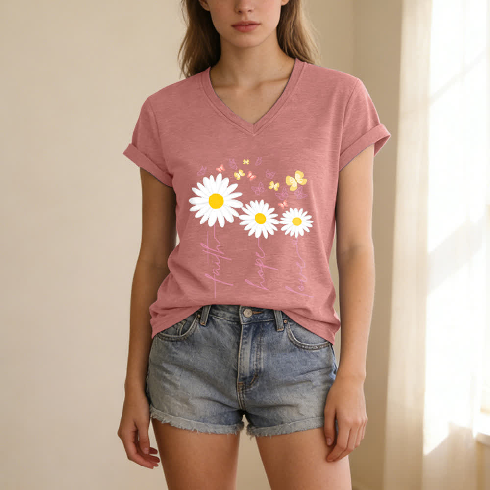 Christianartworkshop Lässiges T-Shirt mit V-Ausschnitt und Blumenmuster: Glaube, Hoffnung, Liebe, Gänseblümchen, Schmetterling - image 19