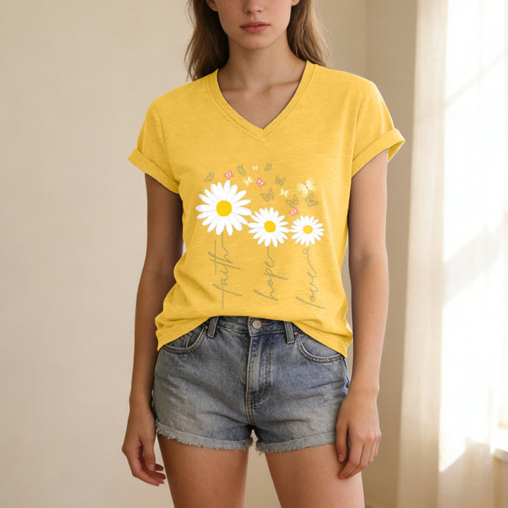 Christianartworkshop Lässiges T-Shirt mit V-Ausschnitt und Blumenmuster: Glaube, Hoffnung, Liebe, Gänseblümchen, Schmetterling - image 25