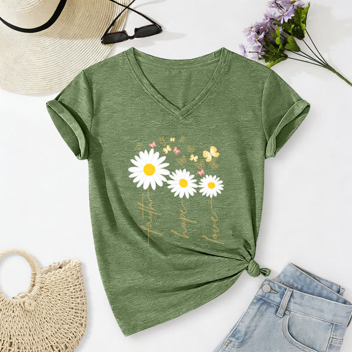 Christianartworkshop Lässiges T-Shirt mit V-Ausschnitt und Blumenmuster: Glaube, Hoffnung, Liebe, Gänseblümchen, Schmetterling - Olivgrün - 2XL - image 8