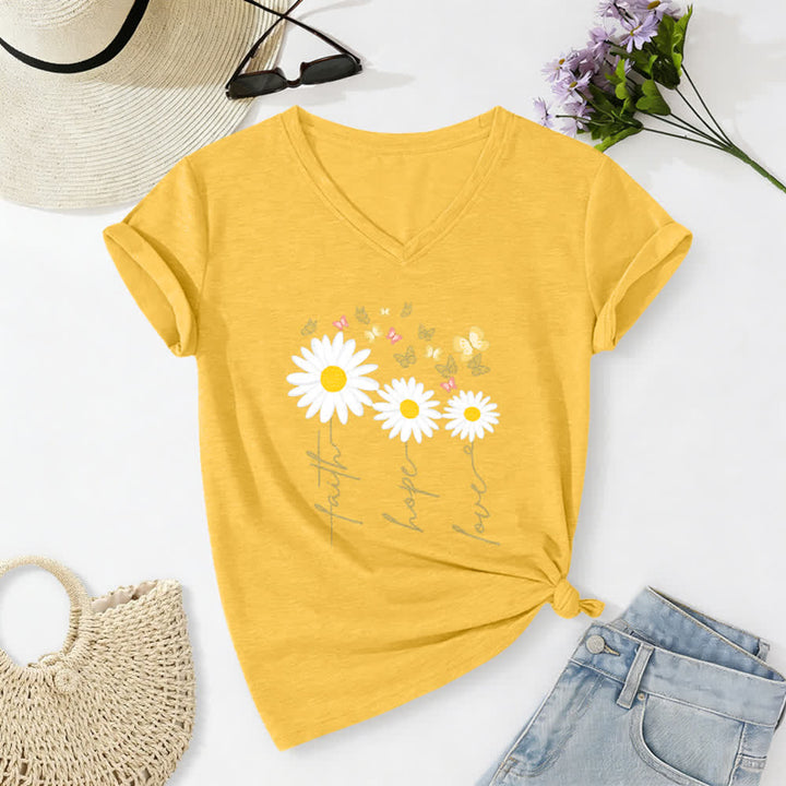 Christianartworkshop Lässiges T-Shirt mit V-Ausschnitt und Blumenmuster: Glaube, Hoffnung, Liebe, Gänseblümchen, Schmetterling - Gelb - 2XL - image 24