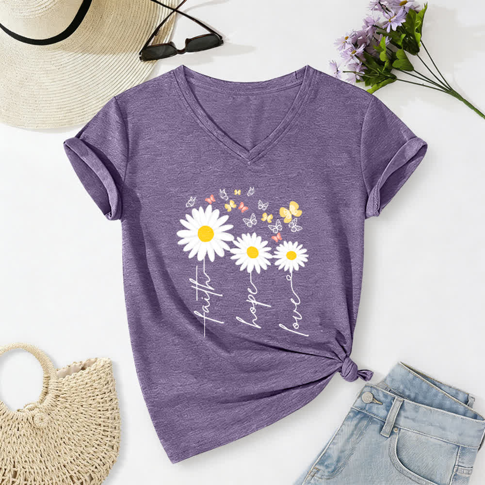 Christianartworkshop Lässiges T-Shirt mit V-Ausschnitt und Blumenmuster: Glaube, Hoffnung, Liebe, Gänseblümchen, Schmetterling - Lila - 2XL - image 0