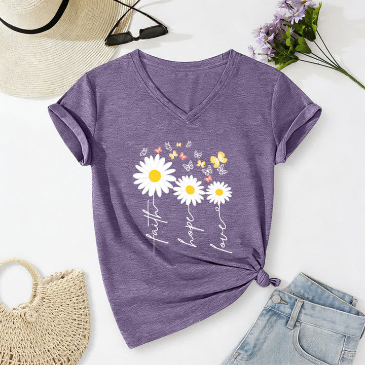 Christianartworkshop Lässiges T-Shirt mit V-Ausschnitt und Blumenmuster: Glaube, Hoffnung, Liebe, Gänseblümchen, Schmetterling - Lila - 2XL - image 0