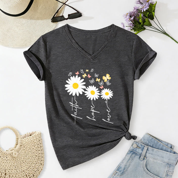 Christianartworkshop Lässiges T-Shirt mit V-Ausschnitt und Blumenmuster: Glaube, Hoffnung, Liebe, Gänseblümchen, Schmetterling - Dunkelgrau - 2XL - image 6