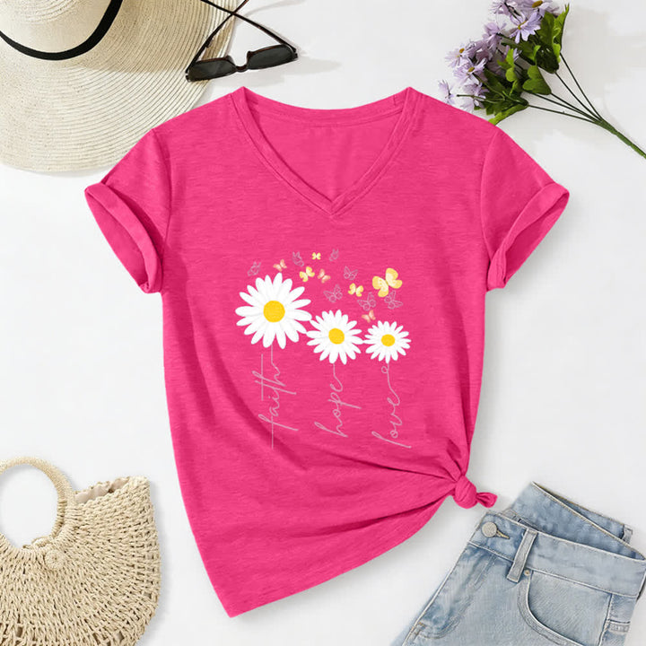 Christianartworkshop Lässiges T-Shirt mit V-Ausschnitt und Blumenmuster: Glaube, Hoffnung, Liebe, Gänseblümchen, Schmetterling - Rose - 2XL - image 22
