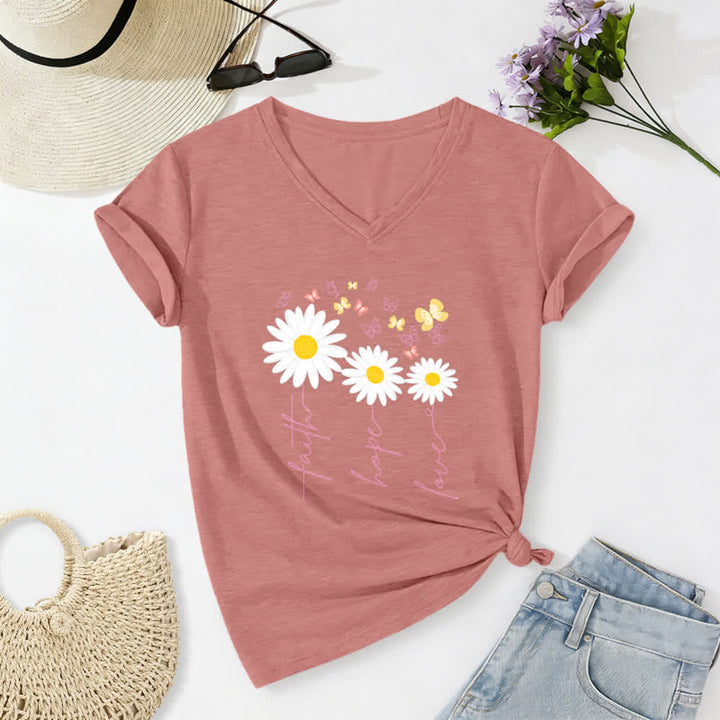 Christianartworkshop Lässiges T-Shirt mit V-Ausschnitt und Blumenmuster: Glaube, Hoffnung, Liebe, Gänseblümchen, Schmetterling - Hellrosa - 2XL - image 18