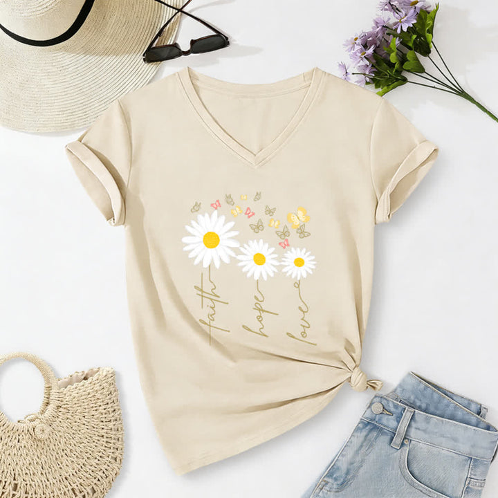 Christianartworkshop Lässiges T-Shirt mit V-Ausschnitt und Blumenmuster: Glaube, Hoffnung, Liebe, Gänseblümchen, Schmetterling - Beige - 2XL - image 2