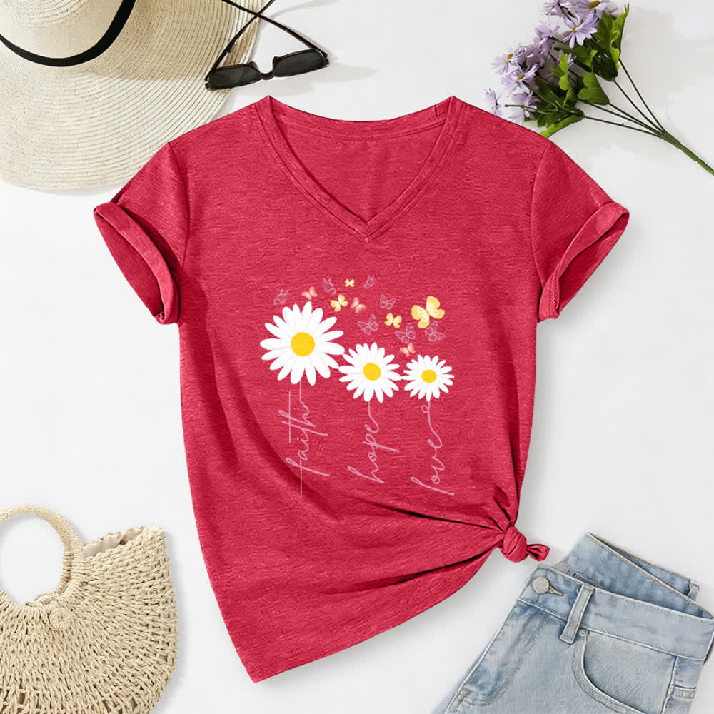 Christianartworkshop Lässiges T-Shirt mit V-Ausschnitt und Blumenmuster: Glaube, Hoffnung, Liebe, Gänseblümchen, Schmetterling - Rot - 2XL - image 16