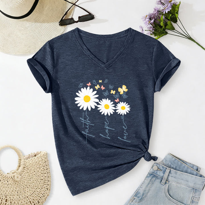 Christianartworkshop Lässiges T-Shirt mit V-Ausschnitt und Blumenmuster: Glaube, Hoffnung, Liebe, Gänseblümchen, Schmetterling - Marineblau - 2XL - image 10