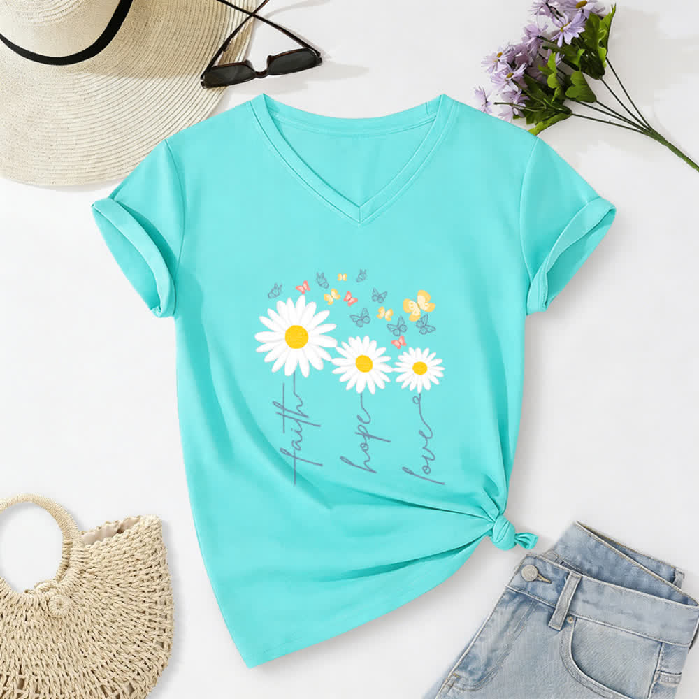 Christianartworkshop Lässiges T-Shirt mit V-Ausschnitt und Blumenmuster: Glaube, Hoffnung, Liebe, Gänseblümchen, Schmetterling - Himmelblau - 2XL - image 20