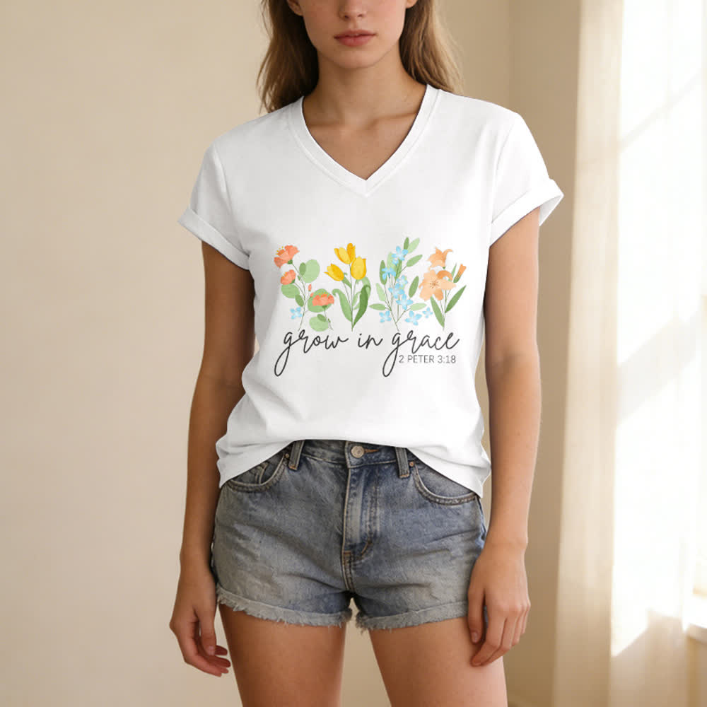 Christianartworkshop Wachse in der Gnade 2 Petrus 3:18 Lässiges T-Shirt mit Blumen- und Buchstabenprint und V-Ausschnitt - image 5