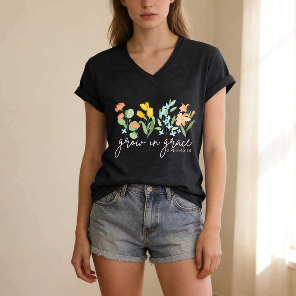 Christianartworkshop Wachse in der Gnade 2 Petrus 3:18 Lässiges T-Shirt mit Blumen- und Buchstabenprint und V-Ausschnitt - image 13