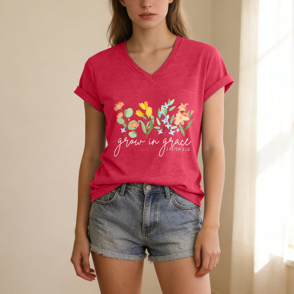 Christianartworkshop Wachse in der Gnade 2 Petrus 3:18 Lässiges T-Shirt mit Blumen- und Buchstabenprint und V-Ausschnitt - image 15