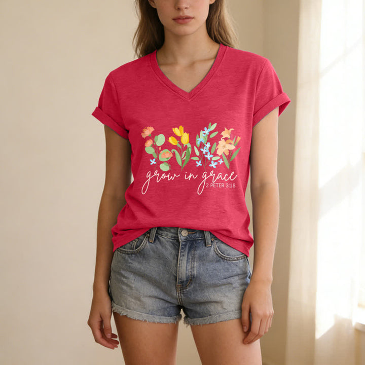 Christianartworkshop Wachse in der Gnade 2 Petrus 3:18 Lässiges T-Shirt mit Blumen- und Buchstabenprint und V-Ausschnitt - image 15