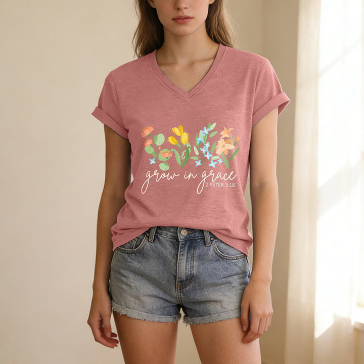 Christianartworkshop Wachse in der Gnade 2 Petrus 3:18 Lässiges T-Shirt mit Blumen- und Buchstabenprint und V-Ausschnitt - image 19