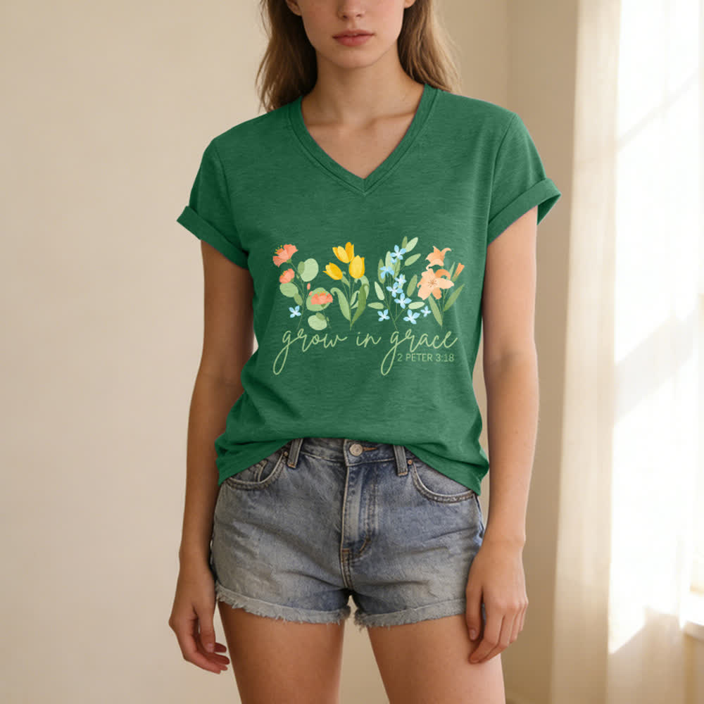 Christianartworkshop Wachse in der Gnade 2 Petrus 3:18 Lässiges T-Shirt mit Blumen- und Buchstabenprint und V-Ausschnitt - image 11