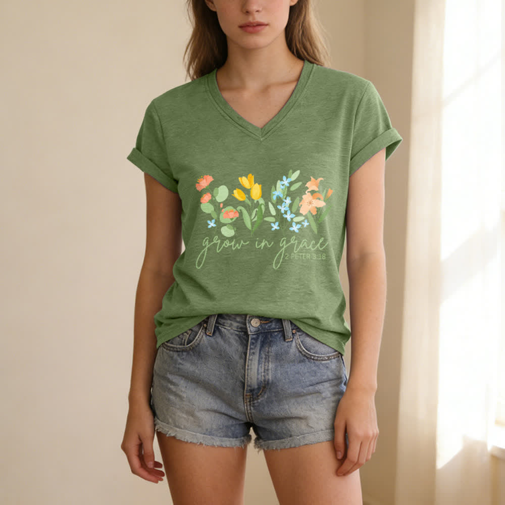 Christianartworkshop Wachse in der Gnade 2 Petrus 3:18 Lässiges T-Shirt mit Blumen- und Buchstabenprint und V-Ausschnitt - image 9