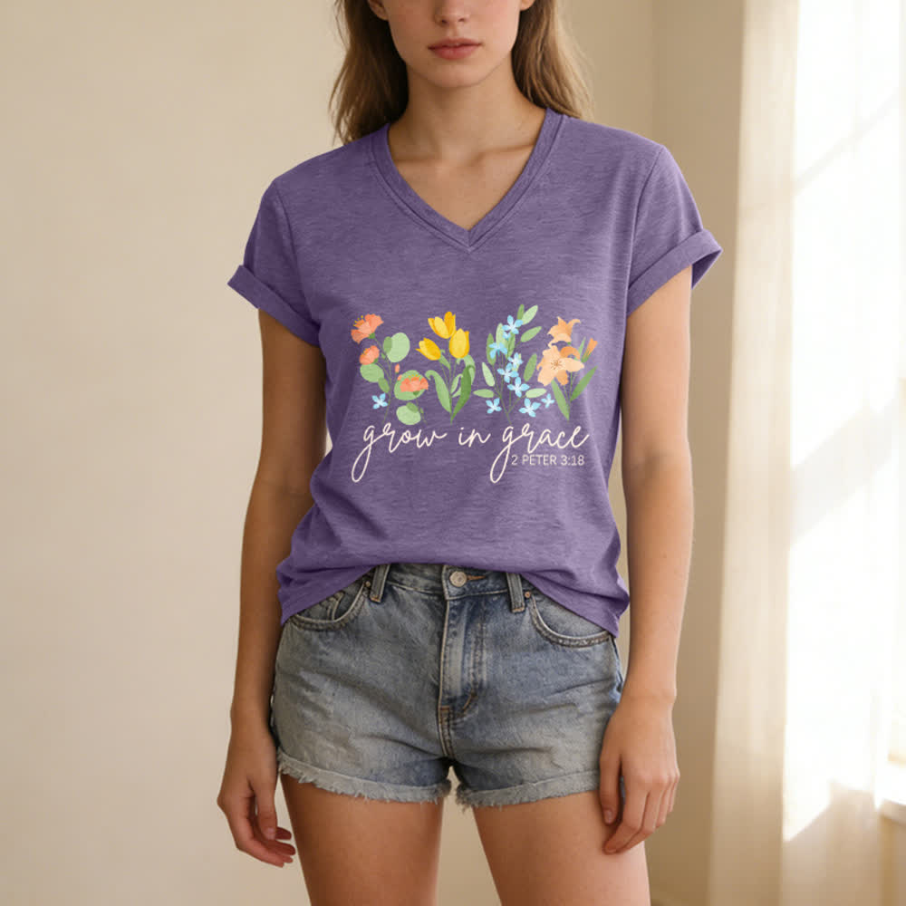 Christianartworkshop Wachse in der Gnade 2 Petrus 3:18 Lässiges T-Shirt mit Blumen- und Buchstabenprint und V-Ausschnitt - image 17