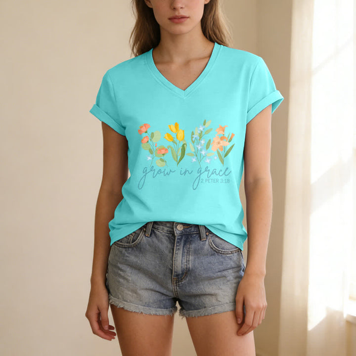 Christianartworkshop Wachse in der Gnade 2 Petrus 3:18 Lässiges T-Shirt mit Blumen- und Buchstabenprint und V-Ausschnitt - image 21