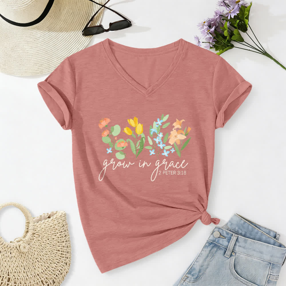 Christianartworkshop Wachse in der Gnade 2 Petrus 3:18 Lässiges T-Shirt mit Blumen- und Buchstabenprint und V-Ausschnitt - Hellrosa - 2XL - image 18