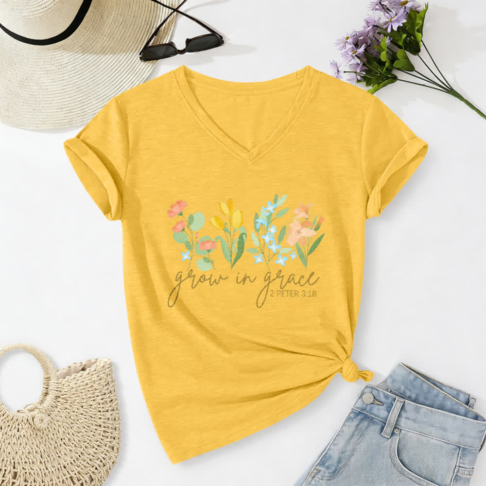 Christianartworkshop Wachse in der Gnade 2 Petrus 3:18 Lässiges T-Shirt mit Blumen- und Buchstabenprint und V-Ausschnitt - Gelb - 2XL - image 24