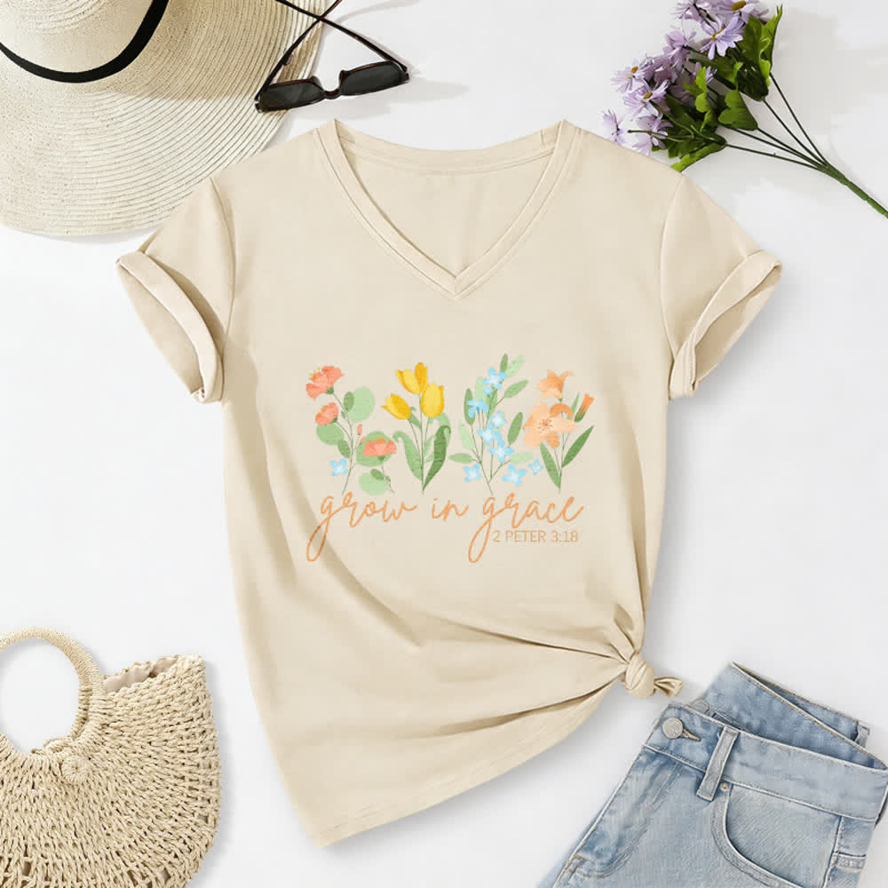 Christianartworkshop Wachse in der Gnade 2 Petrus 3:18 Lässiges T-Shirt mit Blumen- und Buchstabenprint und V-Ausschnitt - Beige - 2XL - image 2