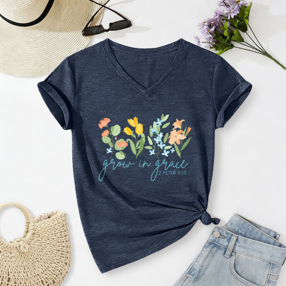 Christianartworkshop Wachse in der Gnade 2 Petrus 3:18 Lässiges T-Shirt mit Blumen- und Buchstabenprint und V-Ausschnitt - Marineblau - 2XL - image 0