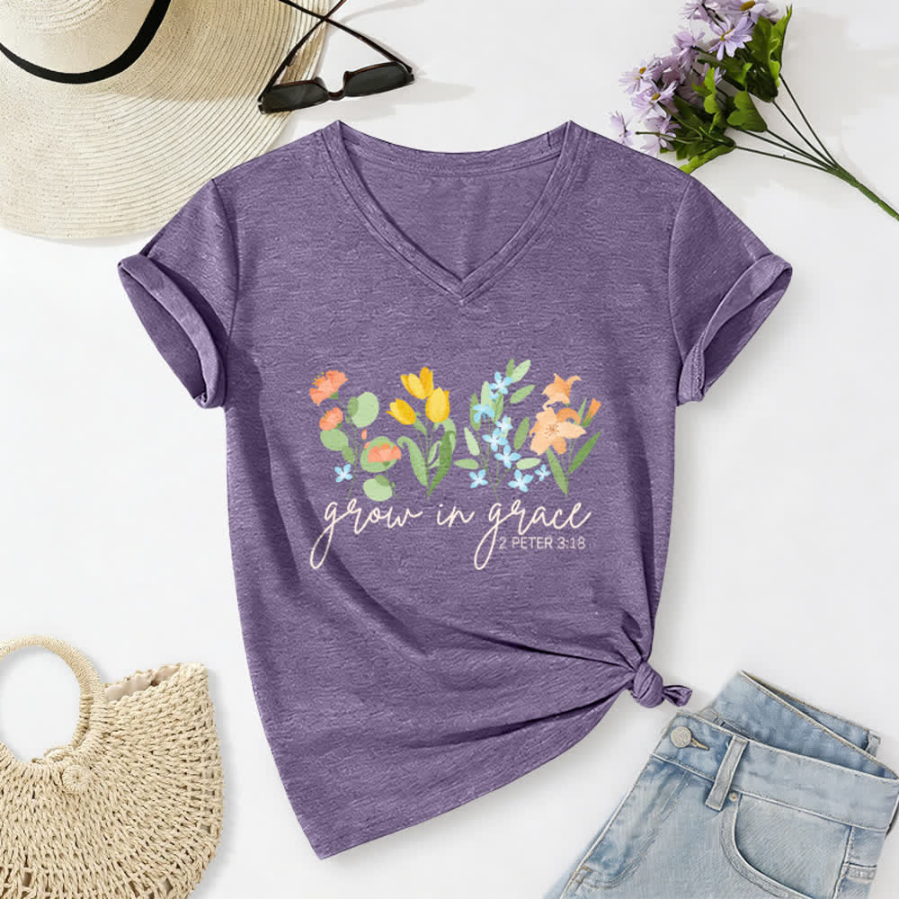 Christianartworkshop Wachse in der Gnade 2 Petrus 3:18 Lässiges T-Shirt mit Blumen- und Buchstabenprint und V-Ausschnitt - Lila - 2XL - image 16