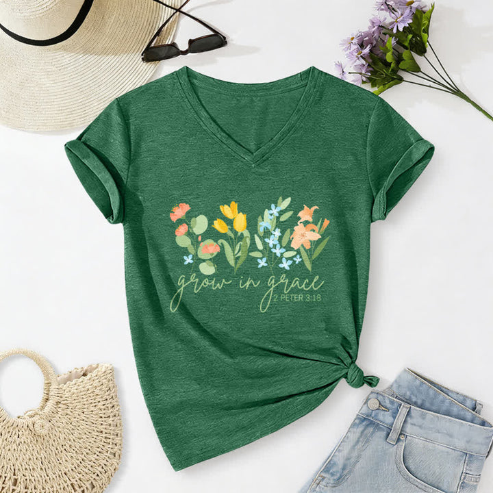 Christianartworkshop Wachse in der Gnade 2 Petrus 3:18 Lässiges T-Shirt mit Blumen- und Buchstabenprint und V-Ausschnitt - Dunkelgrün - 2XL - image 10
