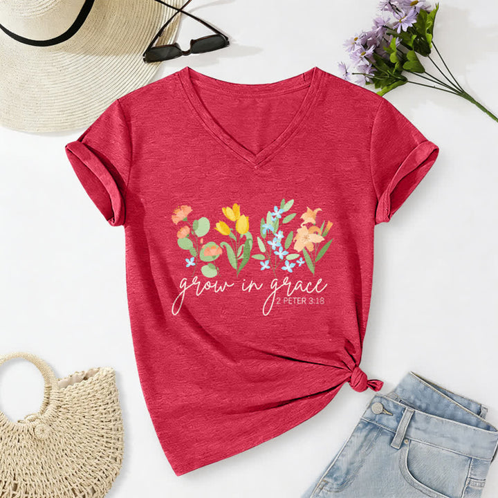 Christianartworkshop Wachse in der Gnade 2 Petrus 3:18 Lässiges T-Shirt mit Blumen- und Buchstabenprint und V-Ausschnitt - Rot - 2XL - image 14