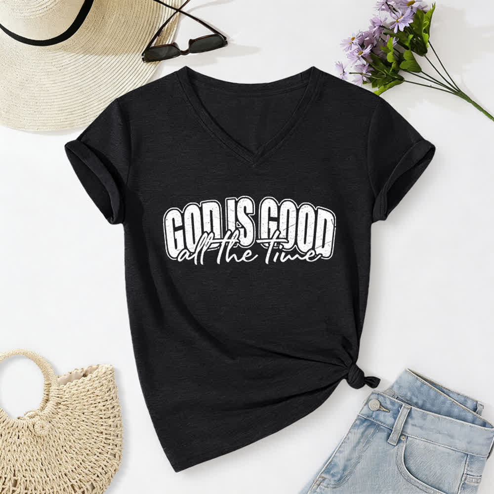Christianartworkshop Gott ist immer gut – Lässiges T-Shirt mit Vintage-Buchstabenprint und V-Ausschnitt - Schwarz - 2XL - image 0