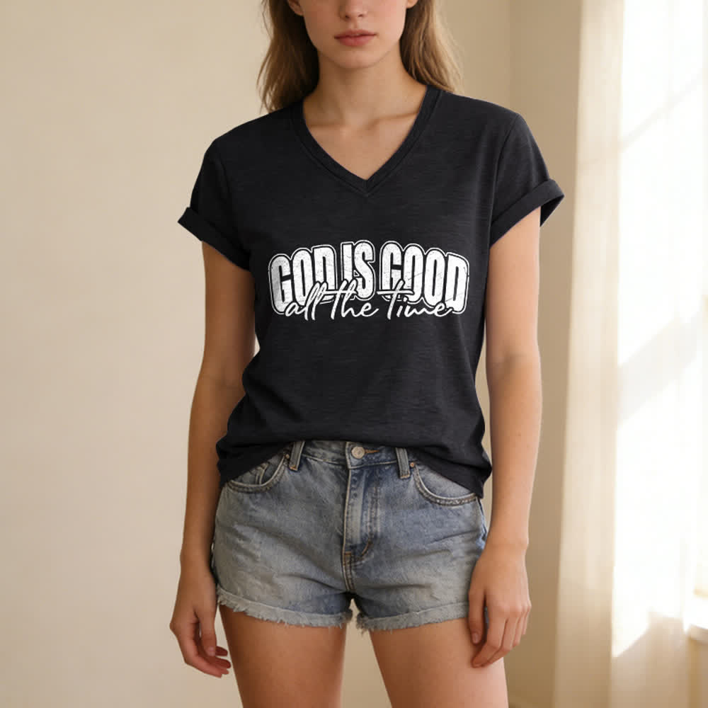 Christianartworkshop Gott ist immer gut – Lässiges T-Shirt mit Vintage-Buchstabenprint und V-Ausschnitt - image 1